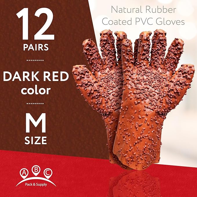 ABC PACK & SUPPLY Natural Rubber Coated PVC Gloves, Men's Size. Dark Red Waterproof Work Gloves for Men with a Rocky Finish