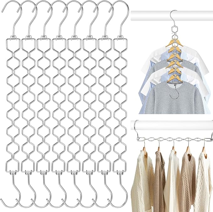 10 Pack Space Saving Hangers for Clothes, Heavy Duty 30Lbs Capacity Magic Collapsible Clothes Space Saver Metal Hanger Organizer with 360° Swivel Hook, Closet Organizers Storage Dorm Essentials Silver