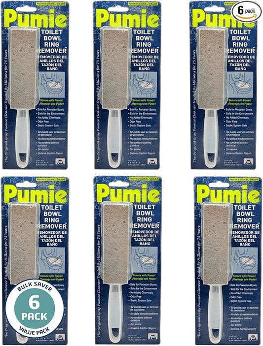 PUMIE Pumice Stone Toilet Bowl Cleaner (6-Pack) - Pumice Stone with Handle - Heavy Duty Toilet Bowl Scrubber for Rings, Bowls, Hard Water Stains, Lime, Rust, Sink - Includes Handle for Easy Use