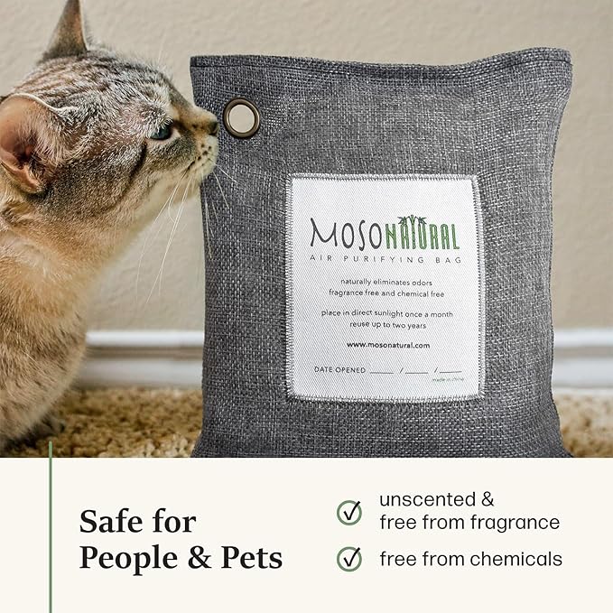 Moso Natural Air Purifying Bag 500g (2 Pack) Premium Bamboo Charcoal Odor Absorber for Home, Bedroom, Kitchen, Basement | Unscented Pet Odor Eliminator | Large Charcoal Deodorizer Bag Covers 250sqft