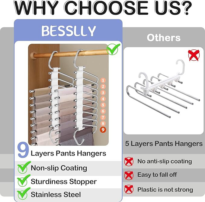 Upgrade 9 Layers Pants Hangers Space Saving, 2 Pack Multifunctional Pants Rack Non Slip Stainless Steel Clothes Space Saver Hangers Closet Organizers Storage for Pants Jeans Leggings, Creamy White