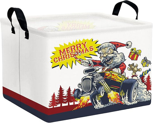 Large Christmas Gifts Empty Baskets Kids Collapsible Holiday Storage Bin with Handle (Monster Truck Santa Claus)