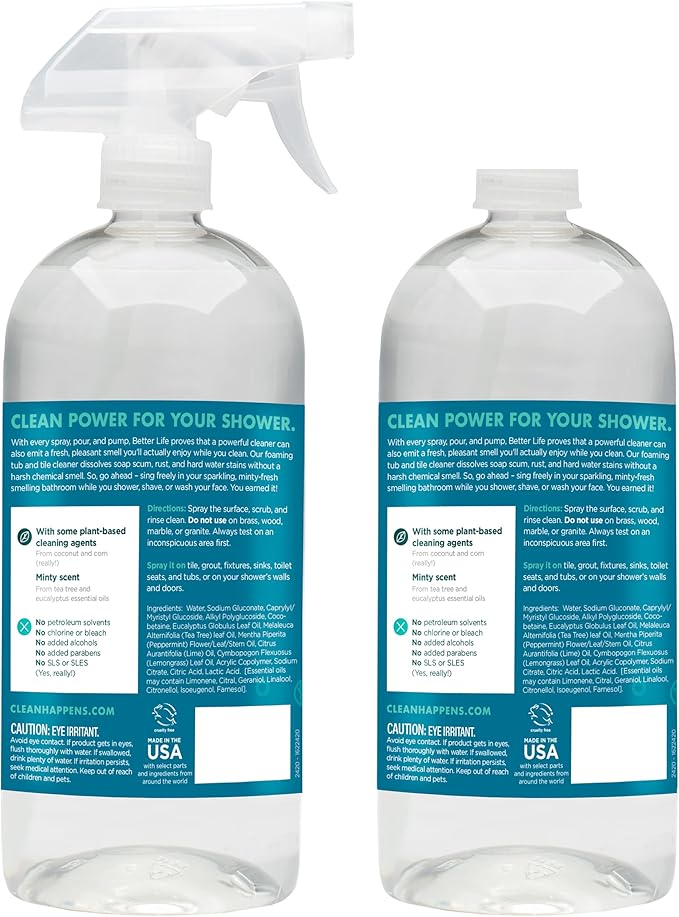 BETTER LIFE Bathroom Cleaner - Tea Tree Bathtub & Shower Cleaner Spray for Glass and Tile - Foaming Mold and Mildew Remover for Tub Works on Hard Water Stains - 32oz (Pack of 2)