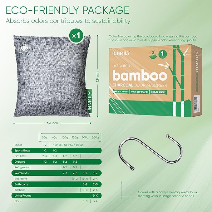 Activated Charcoal Odor Absorber,Large 500g W Hooks Nature Odor Eliminator for Strong Odor,Bamboo Charcoal Air Purifying Bags,Moisture Absorbers for Fresh Home Car Closet Pet,Smoke Smell Deodorizer