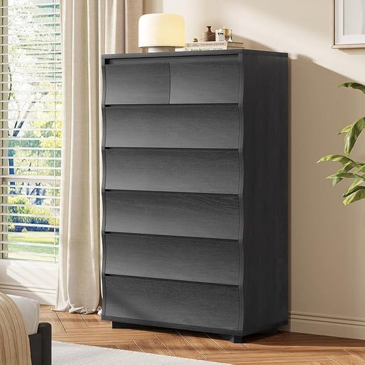 SUCSSRICH Black Tall Dresser for Bedroom, 52.8" Tall Dresser with 7 Drawers, Wood Dressers & Chests of Drawers, Accent Upright Drawer Organizers for Closet, Hallway