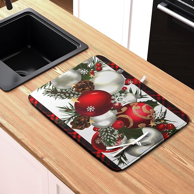 Christmas Red Buffalo Plaid Dish Drying Mat for Kitchen Counter 16x18 Inch Winter Xmas Ball Snowflake Pine Cones Dishes Drying Mat Microfibe Super Absorbent Dish Rack Pad for Coffee Bar Sinks