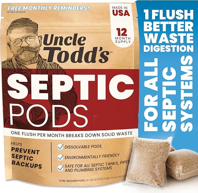 Uncle Todd's Septic Tank Treatment Pods - (12-Month Supply) - Powerful Enzyme & Live Bacteria Formula to Prevent Backups & Odor, Eco-Friendly Dissolvable Pods Safe for All Septic Systems