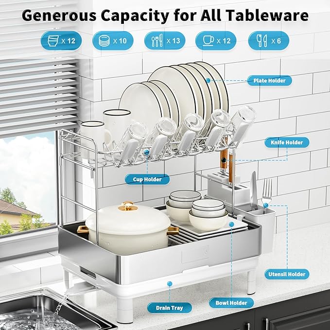 Large Dish Drying Rack, 304 Stainless Steel Dish Racks for Kitchen Counter, Automatic Drainage Spout, Rustproof Kitchen Dish Drainers with Drainboard, Utensil Holder & Glass Holder, White