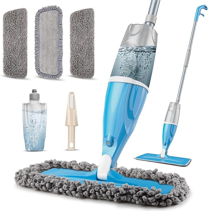 Spray Wet Mops for Floors Cleaning - EXEGO Refillable Floor Flat Mops with 3 Washable Pads for Swiffer Powermop - Home Commercial Dust Mop for Hardwood Laminate Ceramic Tile Wood Vinyl