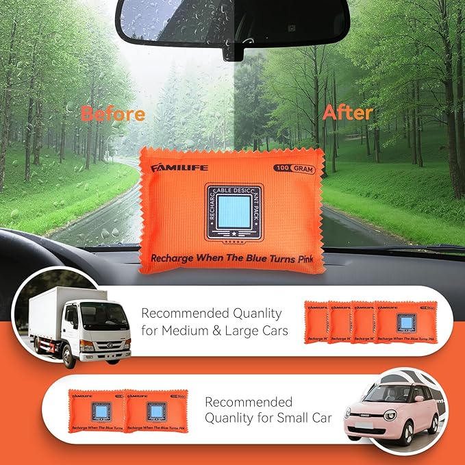FAMILIFE 100g Rechargeable Desiccant Packs for Storage, Reusable Dehumidifier Bags Color Indicating Silica Gel Packets Portable Moisture Absorbers for Storage Bins, Car, Closet, Gun Safe, Electronics