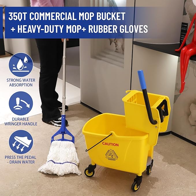 35QT Side-Press Mop Bucket and Wringer Combo on Wheels, Yellow,Including One Heavy Duty Industrial Mop and One Set Large Rubber Cleaning Gloves