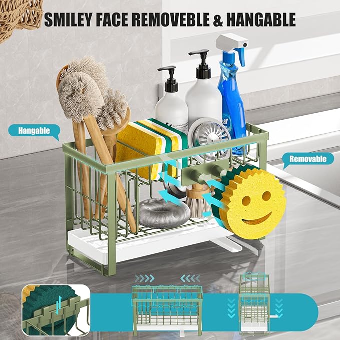 Sponge Holder for Kitchen Sink with Flexible Sink Caddy Smiley Face,2 Tier Kitchen Sink Organizer Countertop and Storage Essentials,Soap Dispenser Organize,Home Decor Accessories-Green