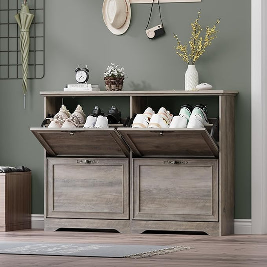 Large Shoe Cabinet for Entryway, 4 Flip Drawer Organizer with Adjustable Shelves, Wooden Slim Shoe Storage Cabinet and Rack for Closet, Hallway, Foyer