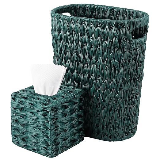 Wicker Trash Can & Square Tissue Box, Handwoven Waterproof Waste Basket with Handles, Wicker Home Set for Bedroom, Bathroom, Kitchen, Office, Balcony (Dark Green)
