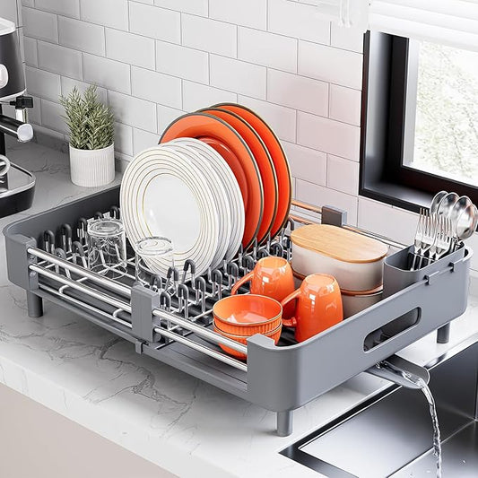 Stainless Steel Dish Drying Rack - Dish Drainer for Kitchen Counter, Extendable Drainboard with Foldable, Space-Saving Cup & Bowl Organizer, Includes Knife and Utensil Holder, Gray