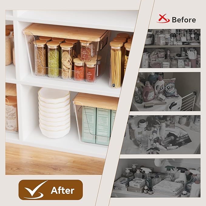 Criusia 2 Set Pantry Organizers and Storage with Bamboo Lids, Stackable Clear Bins for Onion, Potato, Fruit, Vegetables, Trash Bag Dispenser, Kitchen and Under Sink Organizer