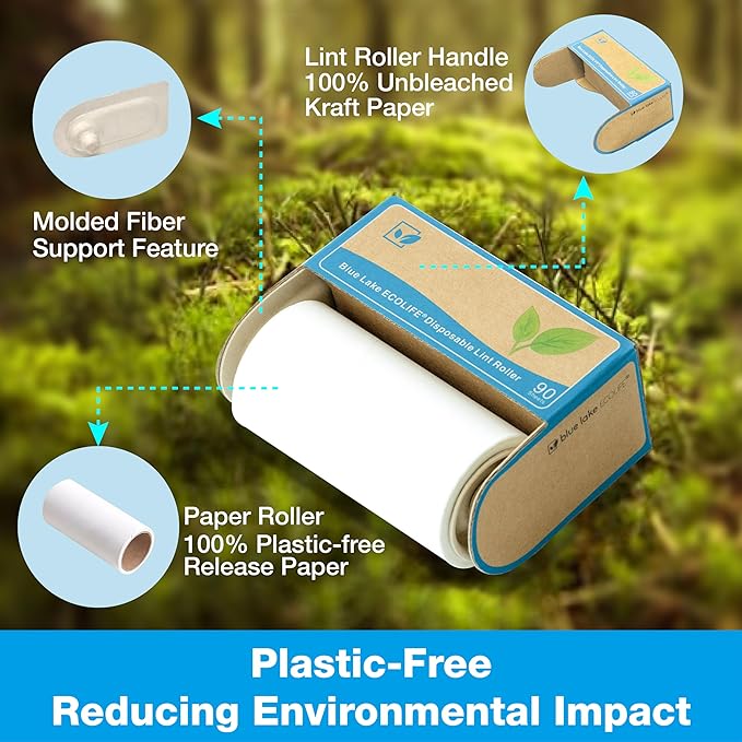 Blue Lake ECOLIFE Plastic-Free Lint Roller – 4-Pack (360 Sheets) | Extra Sticky & Eco-Lint Remover| Ideal for Clothes, Furniture & Carpet(4 Pack-360 Sheets)