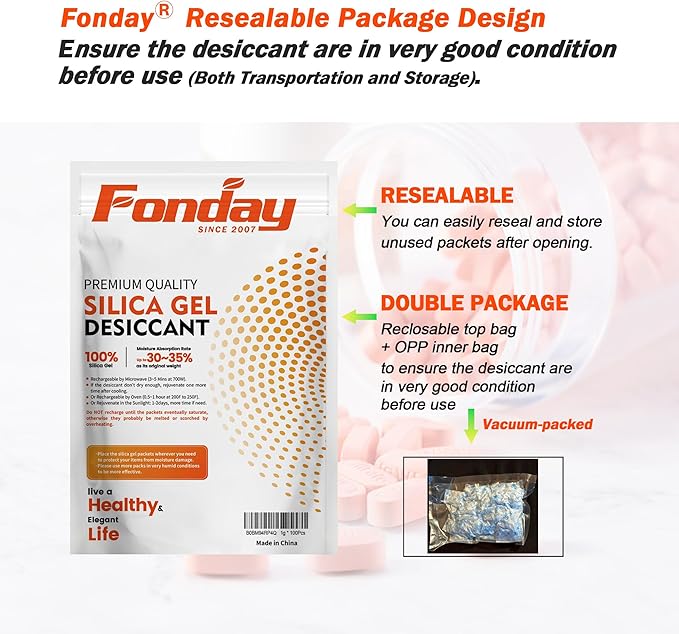 2g x 1000 Packs Fonday Food Grade Silica Gel Desiccants Packs Moisture Absorbers Dehumidifier for Food Storage, Electronics, 3D Filament & Safes