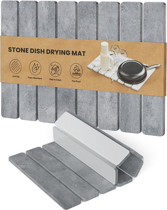 Stone Drying Mat for Kitchen Counter - Collapsible Diatomaceous Earth Dish Drying Stone - Fast Absorbent Stone Dish Drying Mat for Dishes and Pots (Gray)