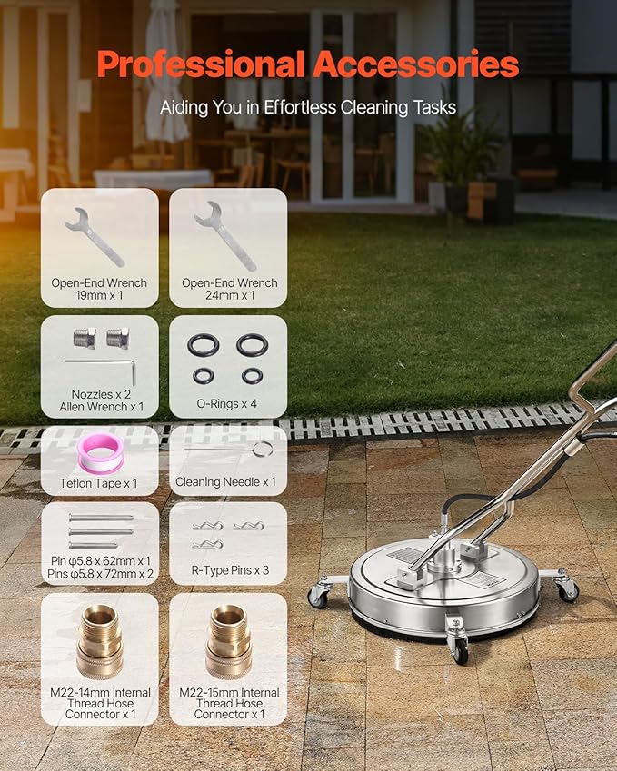 VEVOR 22" Pressure Washer Surface Cleaner, Stainless Steel Pressure Washer Attachments with 4 Wheels, 4500 Max PSI, 3/8 Quick Connector, 2 Spray Nozzles, Dual Handle, for Concrete, Patio, Sidewalk