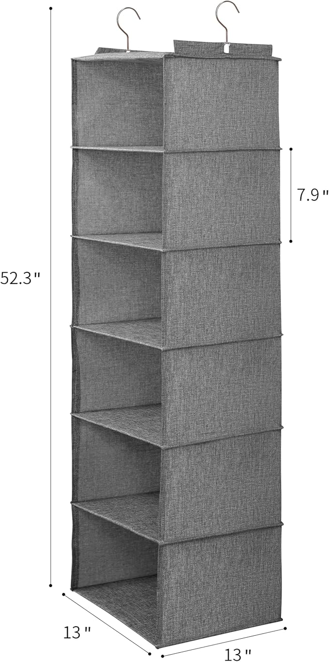 Large Hanging Sweater Organizer for Closet,Collapsible 6-Shelf Hanging Closet Shelves with Drawers, Washable (Grey-6 Shelf)