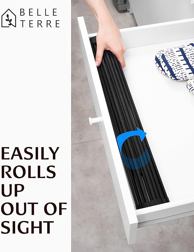 Large Dish Drying Rack for Kitchen Sink - Over Sink Dish Drying Rack to Dry Dishes & Drain Items - Modern & Stylish Dish Rack Set with Extra Side Tray - Space-Saving Roll-Up Counter Drainboard - Black