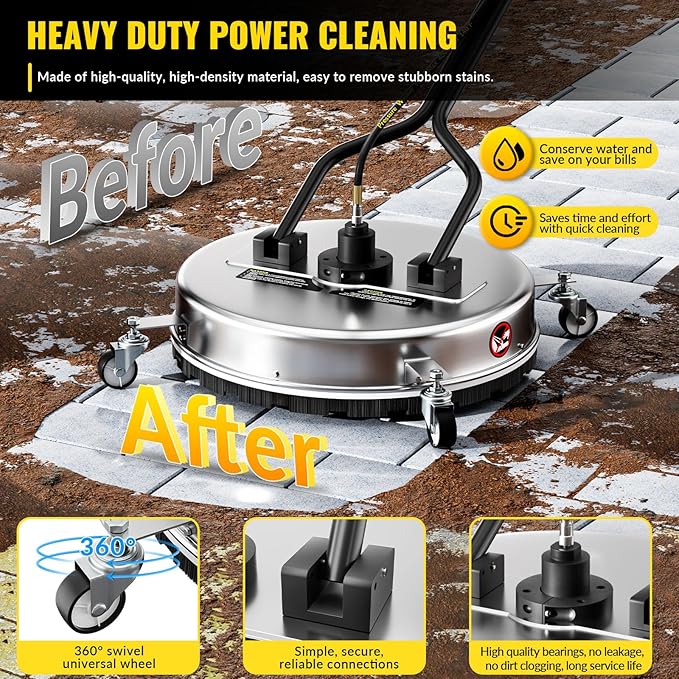 24''Pressure Washer Surface Cleaner,4500PSI Power Washer Surface Cleaner Attachment with Wheels,Dual Handle,Stainless Steel Housing, 3/8''Quick-Connect for Driveway Sidewalk Curb Deck Patio Cleaning