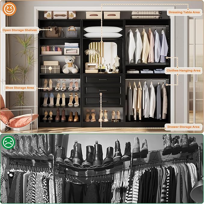 Unikito Modular Closet System with 3 Sets, 75”Closet Organizer System With Drawers, Mirror, Hanging Rods and Adjustable Shelves, Freestanding Wood Wardrobe Garment Rack, Walk in Closet Tower, Black