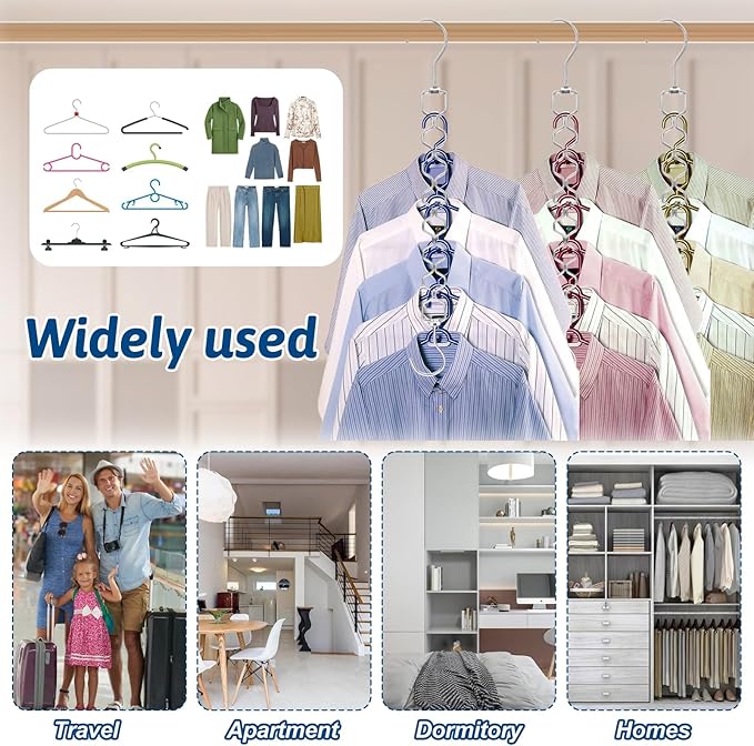 10 Pack Space Saving Hangers for Clothes, Heavy Duty 30Lbs Capacity Magic Collapsible Clothes Space Saver Metal Hanger Organizer with 360° Swivel Hook, Closet Organizers Storage Dorm Essentials Silver