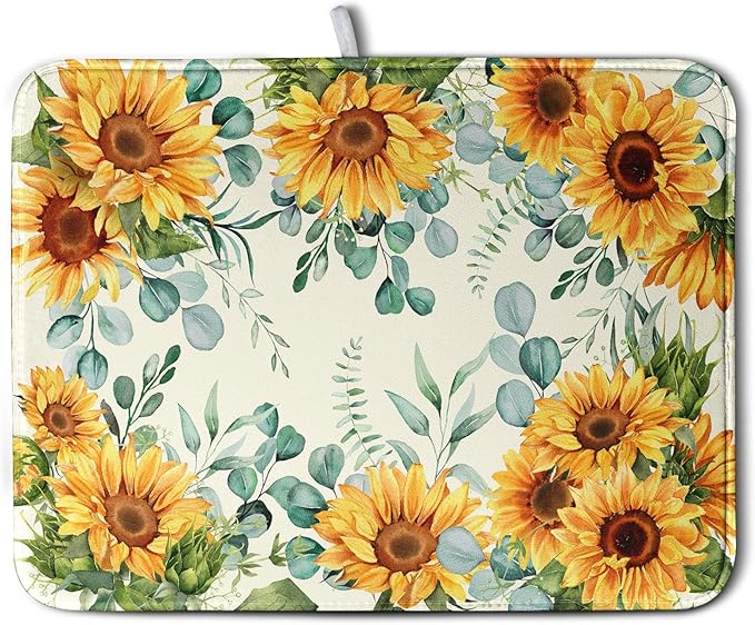 Sunflowers Dish Drying Mat for Kitchen Counter Yellow Flower Green Leaves Dish Draining Mats Spring Summer Floral Dishes Pad Microfiber Absorbent Dish Drainer Rack Mat Extra Large 18x24 Inch