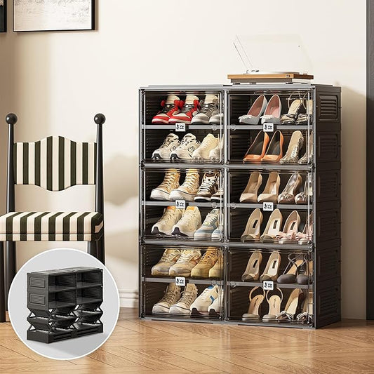 Black Shoe Rack Organizer Cabinet for Closet Entryway,Clear Shoe Storage Boxes Stackable Sneaker Storage with Door Easy Assembly Shoe Cabinet with Lids Large 6 Tiers 24 Pairs