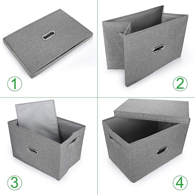 Large Linen Collapsible Storage Bins with Removable Lids and Handles, Washable Storage Box Containers Baskets Cube with Cover for Bedroom,Closet,Office,Living Room,Nursery (Green, Large)