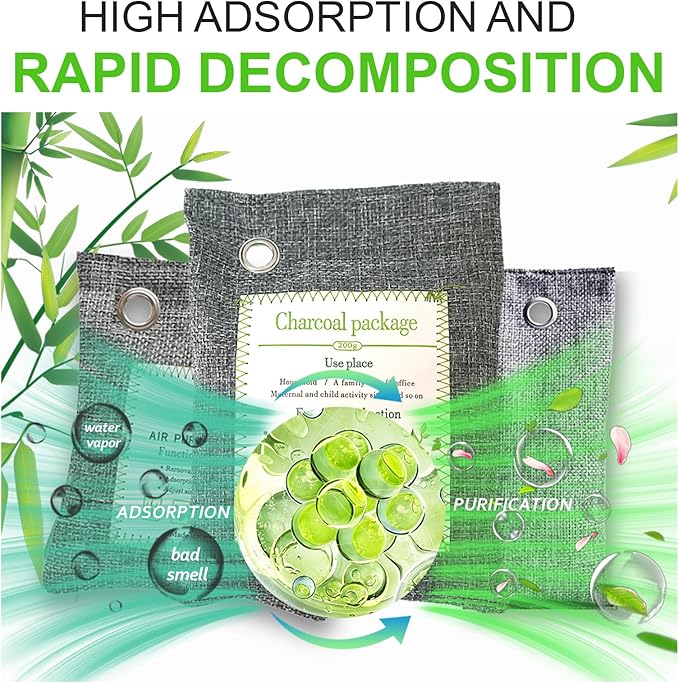 Activated Charcoal Odor Absorber (4x200g Large + 2x75g Small), Bamboo Charcoal Air Purifying Bag, Odor Deodorizer and Eliminator for Cars, Refrigerators, Shoes, Pets, Closets, and More.