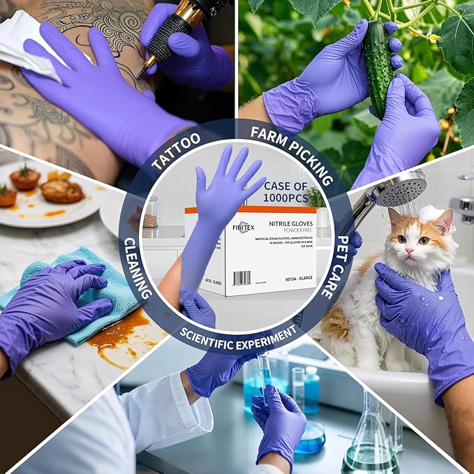 FINITEX Ice Blue Nitrile Exam Gloves - Powder-free, 1000 PCS Medical & Home Cleaning Gloves