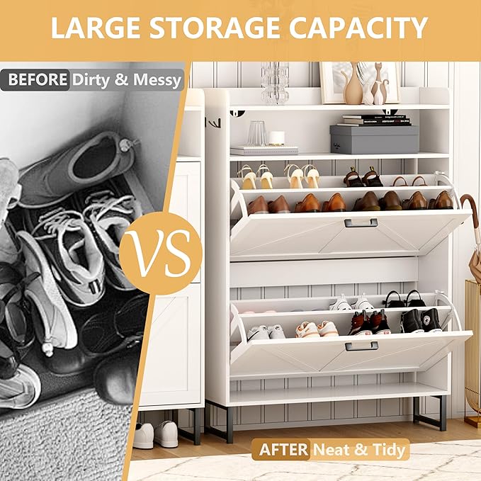 Shoe Cabinet with 2 Flip Drawers, Freestanding Hidden Shoe Storage Organizer for Entryway, Narrow Slim Shoe Rack Cabinet with Open Storage & Hooks for Front Door Entrance, Living Room, Hallway, White