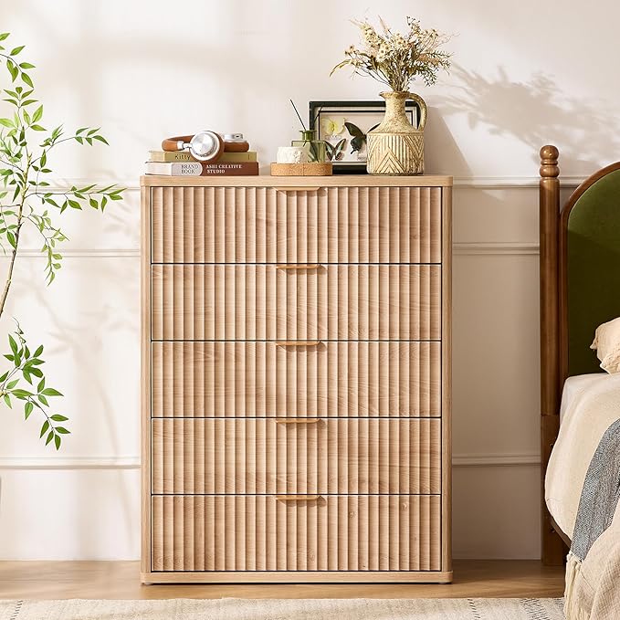 LEYAOYAO Fluted 5 Drawers Dresser Set of 2, 41" Tall Modern Chest of Drawers with Metal Handle, Curved Profile Dresser TV Stand, Wooden Drawer Organizer for Bedroom, Living Room, Hallway, Navy Blue