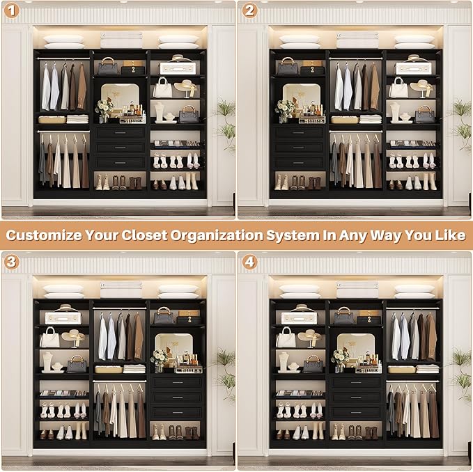 Unikito Modular Closet System with 3 Sets, 75”Closet Organizer System With Drawers, Mirror, Hanging Rods and Adjustable Shelves, Freestanding Wood Wardrobe Garment Rack, Walk in Closet Tower, Black