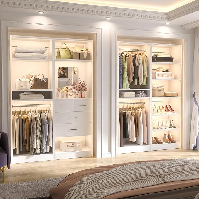 Unikito 50” Closet System with 4 Drawers, 4.2FT Wood Closet Organizer with Hanging Rods and Mirror, Reversible Small Walk in Closet Wardrobe, Adjustable Sturdy Clothes Garment Rack, Set of 2, White