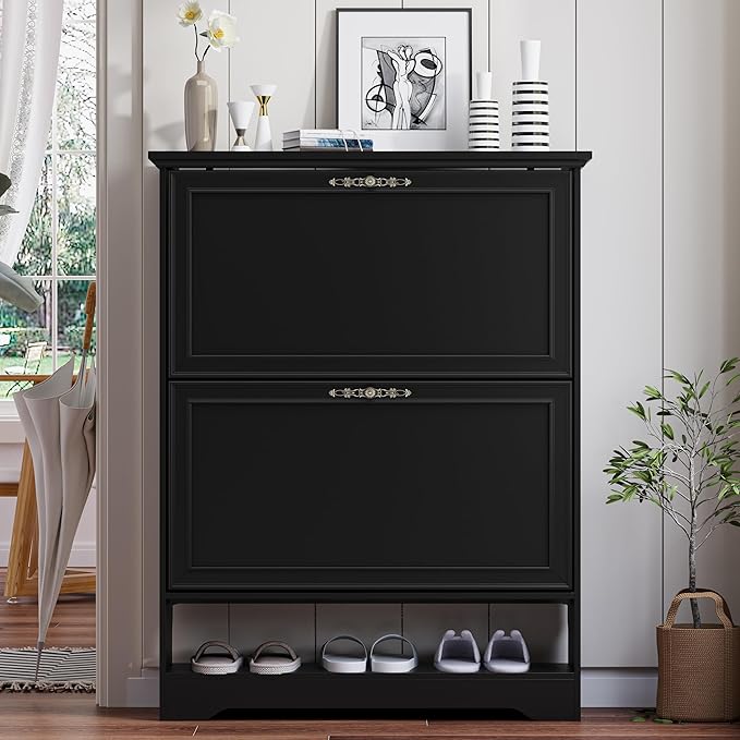 Shoe Cabinet for Entryway, Slim Shoe Storage Cabinet with Adjustable Shelves, Wooden Rack and Organizer for Small Spaces, Closet, Foyer, Hallway