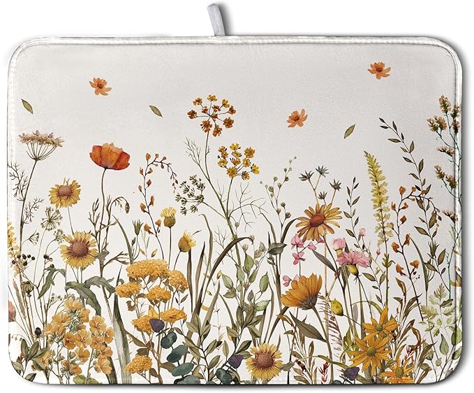 Fall Floral Dish Drying Mat for Kitchen Counter Autumn Burnt Orange Wild Flowers Dish Draining Mat Absorbent Microfiber Dishes Pad Washable Dish Drainer Rack Mat Large 18"x24"