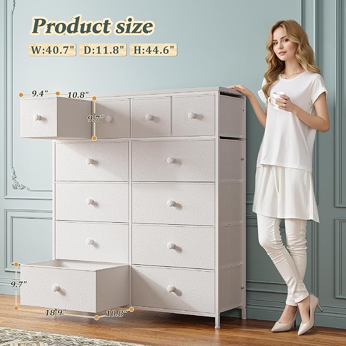 Dresser for Bedroom Drawer Organizer Storage Drawers, Fabric Dressers & Chests of Drawers, Sturdy Metal Frame, Wood Top, Entryway, Bedroom Furniture (White)