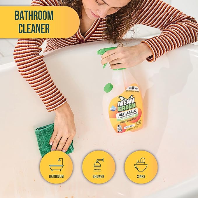 Mean Green Refillable Ultra Powered Bathroom Cleaner Concentrate, Tropical Breeze, 14.3 fl oz (2-Pack) – Plant & Mineral Based, Removes 100% of Soap Scum, Refillable Bottle Makes 4X Refills