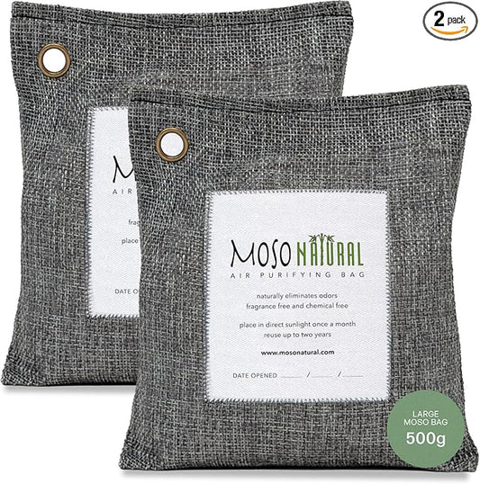 Moso Natural Air Purifying Bag 500g (2 Pack) Premium Bamboo Charcoal Odor Absorber for Home, Bedroom, Kitchen, Basement | Unscented Pet Odor Eliminator | Large Charcoal Deodorizer Bag Covers 250sqft