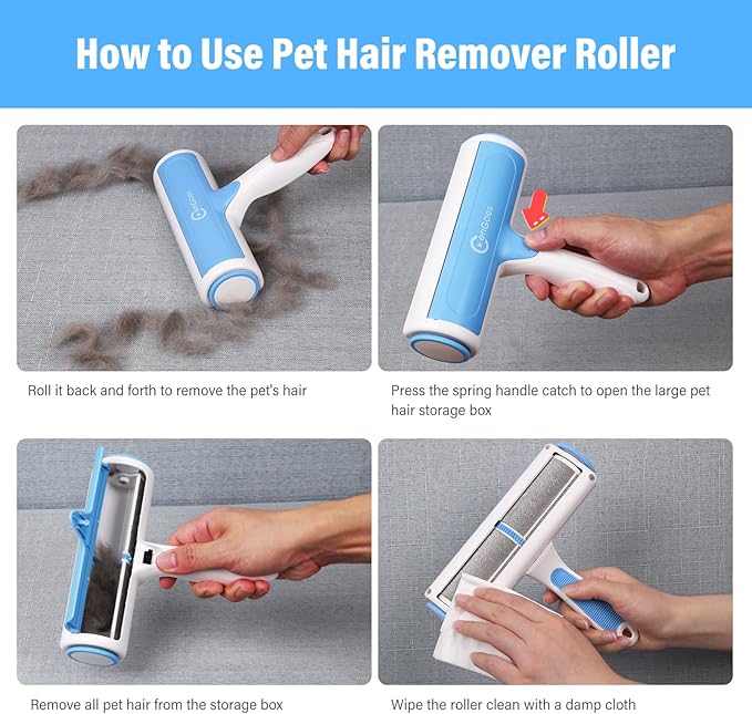 Pet Hair Remover Reusable Cat and Dog Hair Remover Multi-Surface Lint Roller Portable Fur Removal Tool for Furniture,Couch,Carpet,Bedding,Clothes and Car Seats, Non-Slip Handle Self-Cleaning Roller