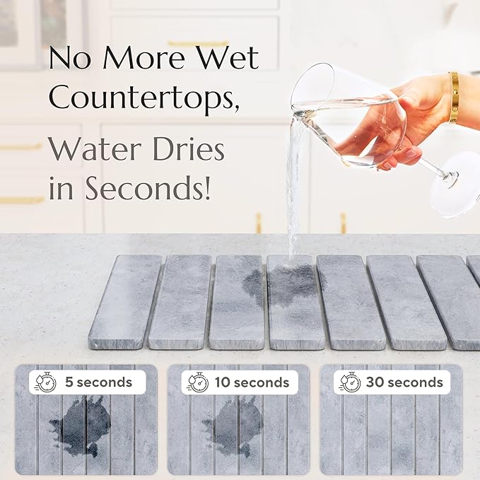 Stone Drying Mat for Kitchen Counter - Collapsible Diatomaceous Earth Dish Drying Stone - Fast Absorbent Stone Dish Drying Mat for Dishes and Pots (Gray)