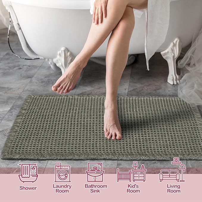 ZALL Waffle Bath Mat,Super Absorbent Non Slip Bathroom Rug,Dark Green 18x30inch,Machine Washable Ultra Soft Floor Mats