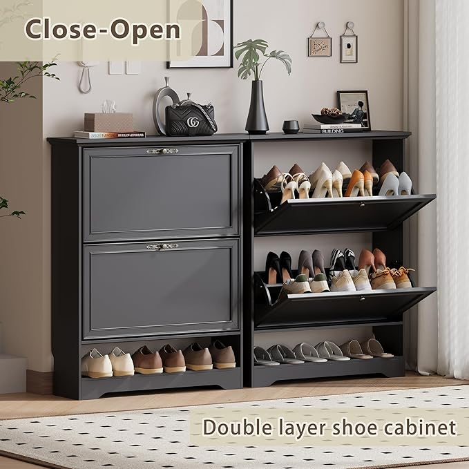 Shoe Cabinet for Entryway, Slim Shoe Storage Cabinet with Adjustable Shelves, Wooden Rack and Organizer for Small Spaces, Closet, Foyer, Hallway
