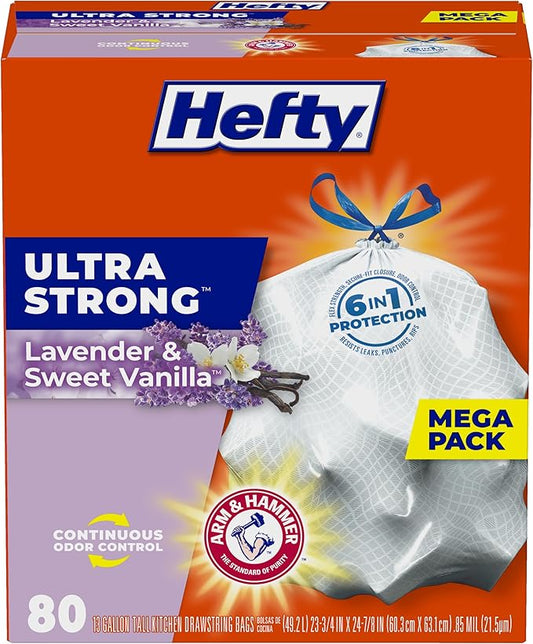 Hefty Ultra Strong Tall Kitchen Trash Bags, Lavender & Sweet Vanilla Scent, 13 Gallon, 80 Count