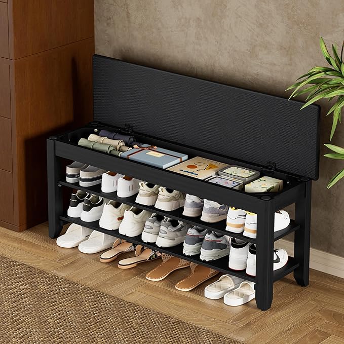 Shoe Rack Bench with Flip-Top Storage, Solid Wood Entryway Bench with Cushion, Adjustable Shelf, for Hallway, Mudroom, Closet – Black, 39.4"
