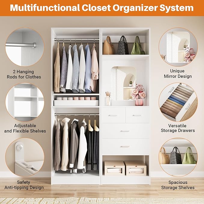 Unikito 50” Closet System with 4 Drawers, 4.2FT Wood Closet Organizer with Hanging Rods and Mirror, Reversible Small Walk in Closet Wardrobe, Adjustable Sturdy Clothes Garment Rack, Set of 2, White
